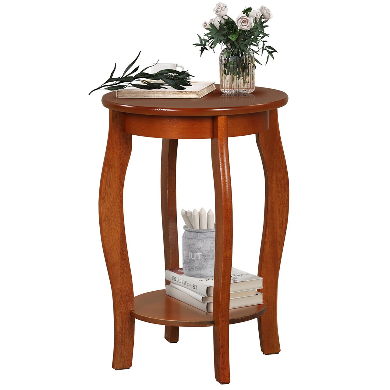 2-Tier Round End Table Narrow Sofa Side Nightstand W/ Storage Shelf And Wood Legs